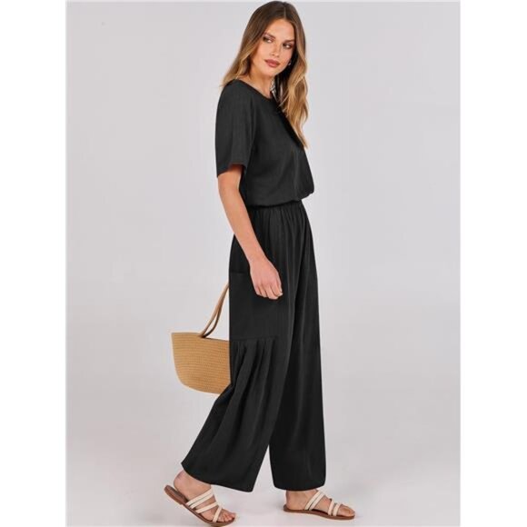 Women's Linen Jumpsuit –  Casual Loose Fit, Short Sleeve, Wide  Leg One-Piece - Picture 5 of 7